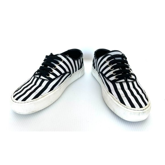 Saint Laurent Black & White Striped Lace-Up Sneakers Size 7.5 (US) 37.5 (IT) - Picture 2 of 11